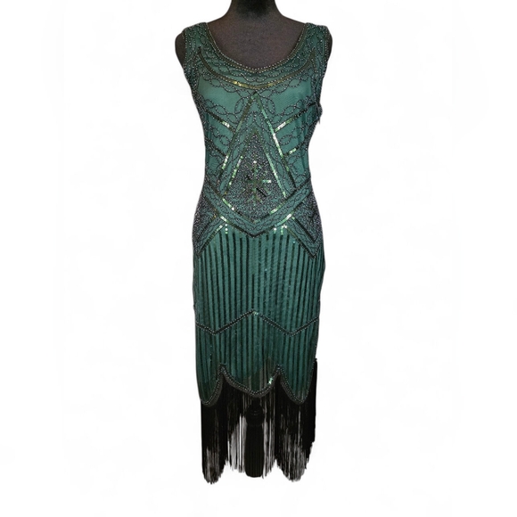 Fundaizy XS Green Sequin Beaded 1920s Gatsby Flapper Fringe Dress Showgirl - Picture 1 of 9